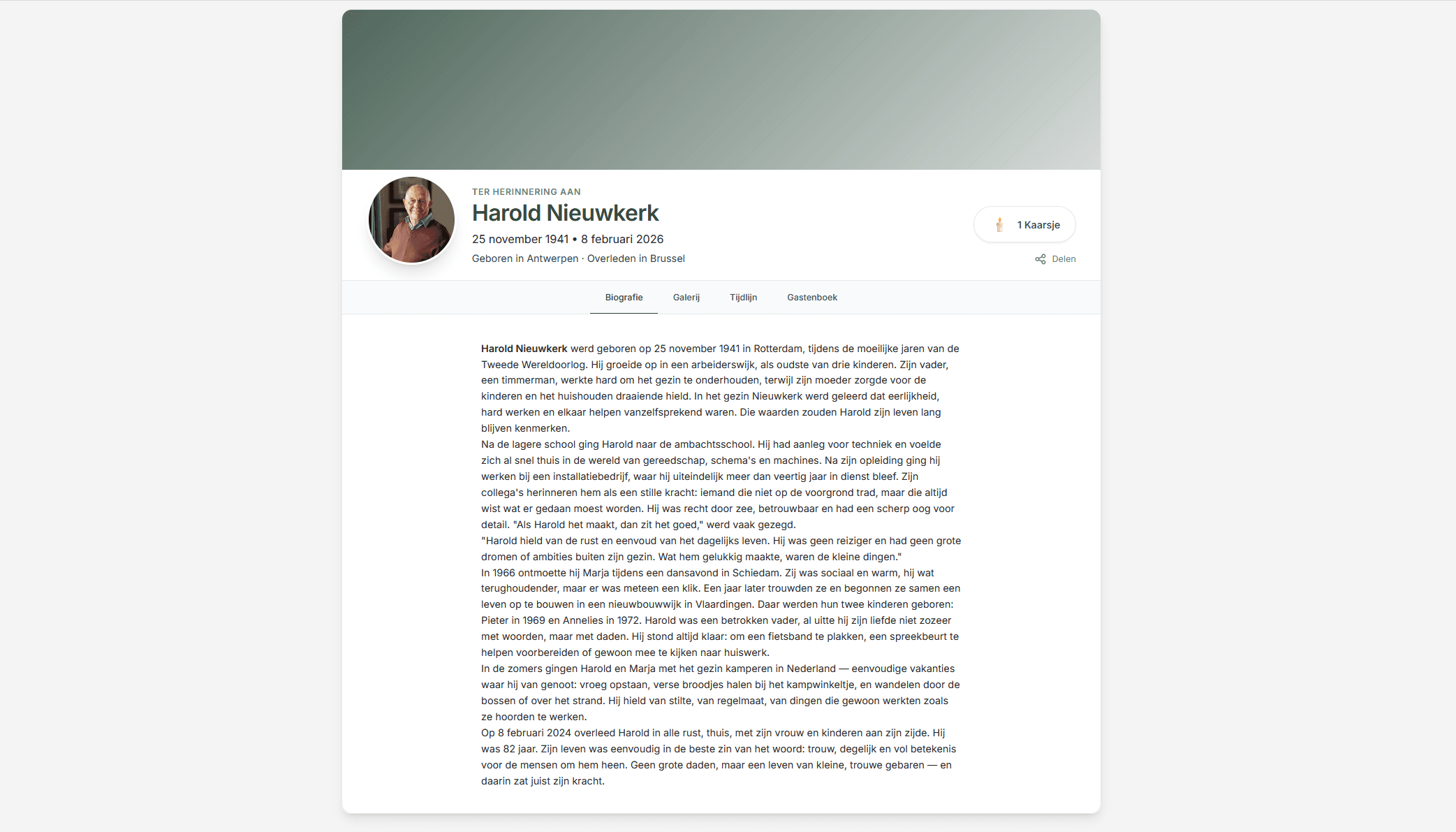 Screenshot voorbeeld van een online herinneringspagina
